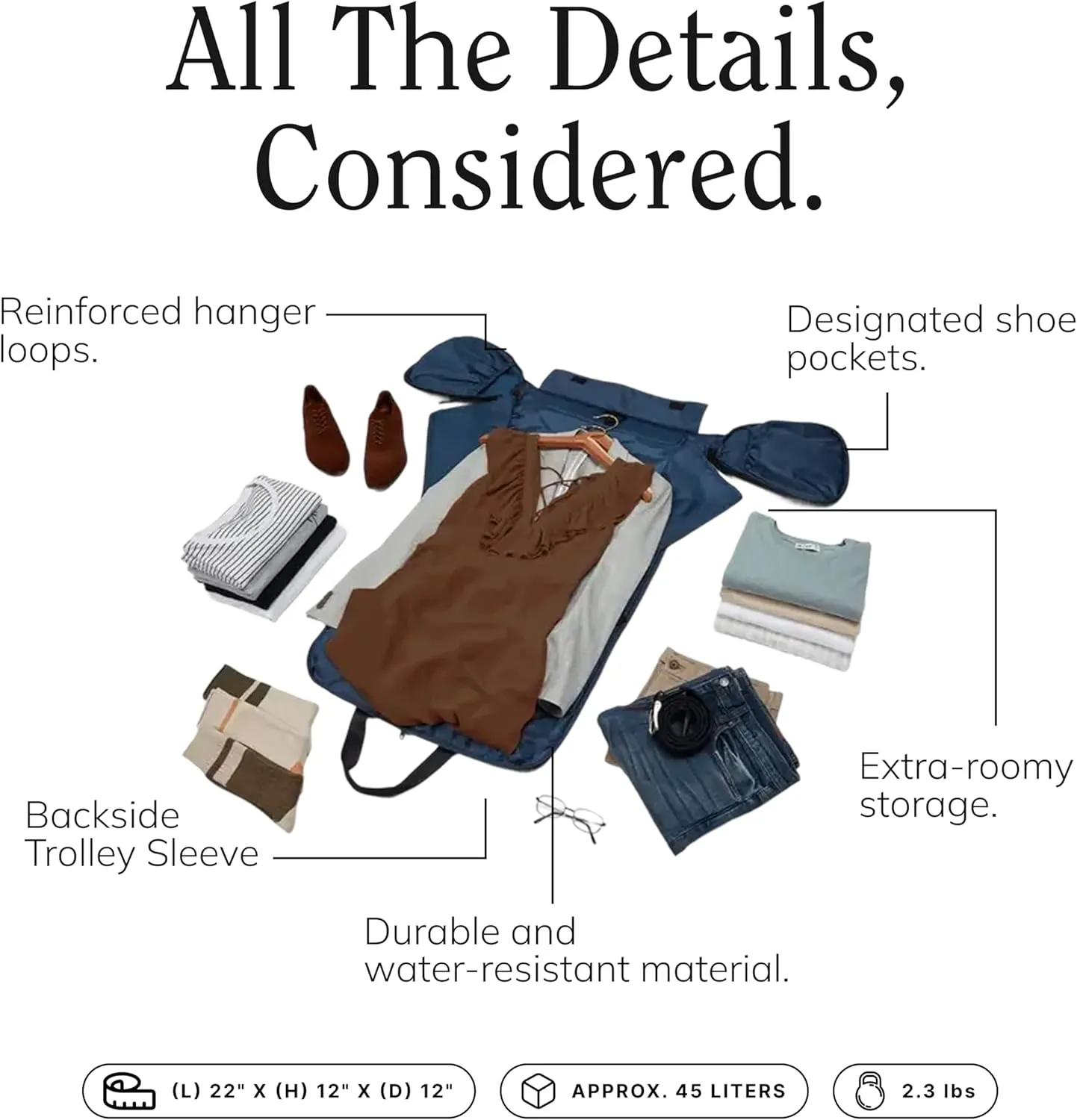 Convertible Garment Duffel Bag 45L  2-in-1 Carry-On Suit Travel Bag with Wrinkle-Free Hanging Compartment, Shoe Pockets & Trolley Sleeve  Weekender for Business Trips, Weddings & Getaways  Marine