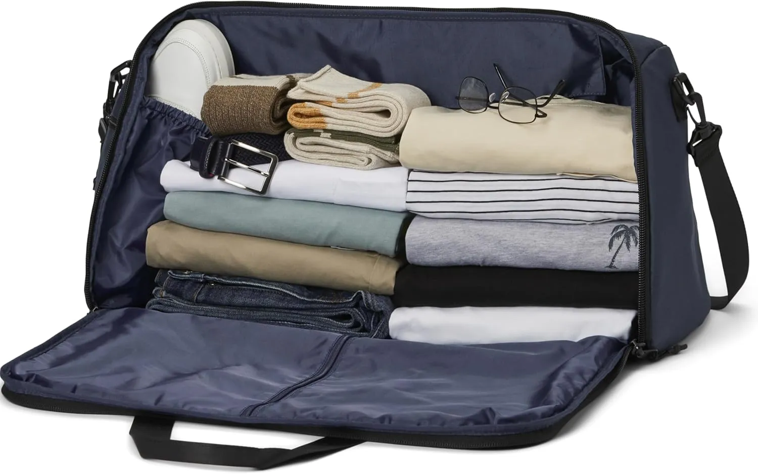 Convertible Garment Duffel Bag 45L  2-in-1 Carry-On Suit Travel Bag with Wrinkle-Free Hanging Compartment, Shoe Pockets & Trolley Sleeve  Weekender for Business Trips, Weddings & Getaways  Marine