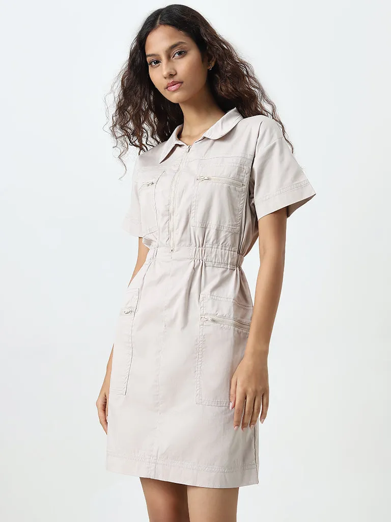 Nuon Beige Cotton Blend A-Line Dress