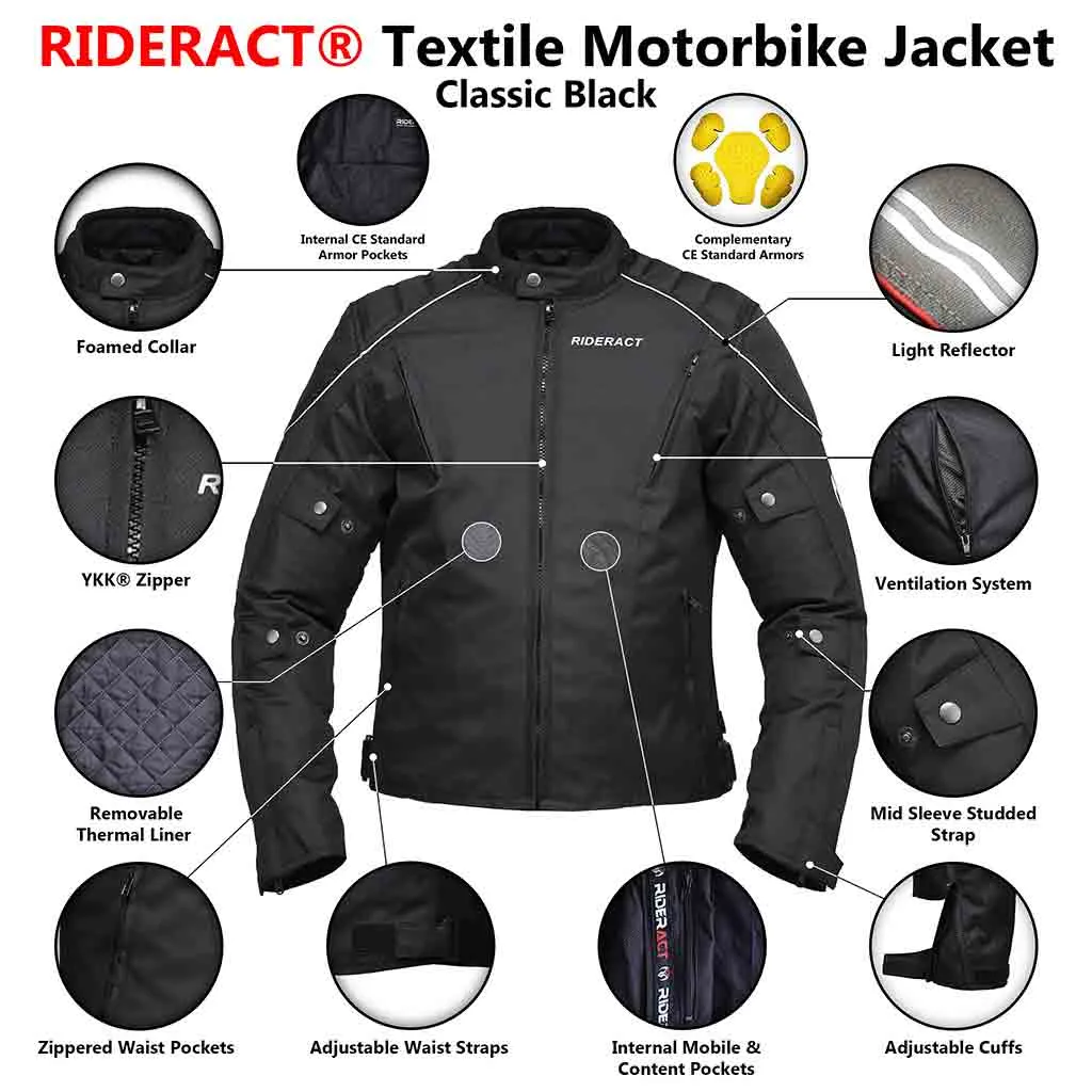 RIDERACT® Waterproof Motorbike Jacket Classic Black Motorcycle Jacket