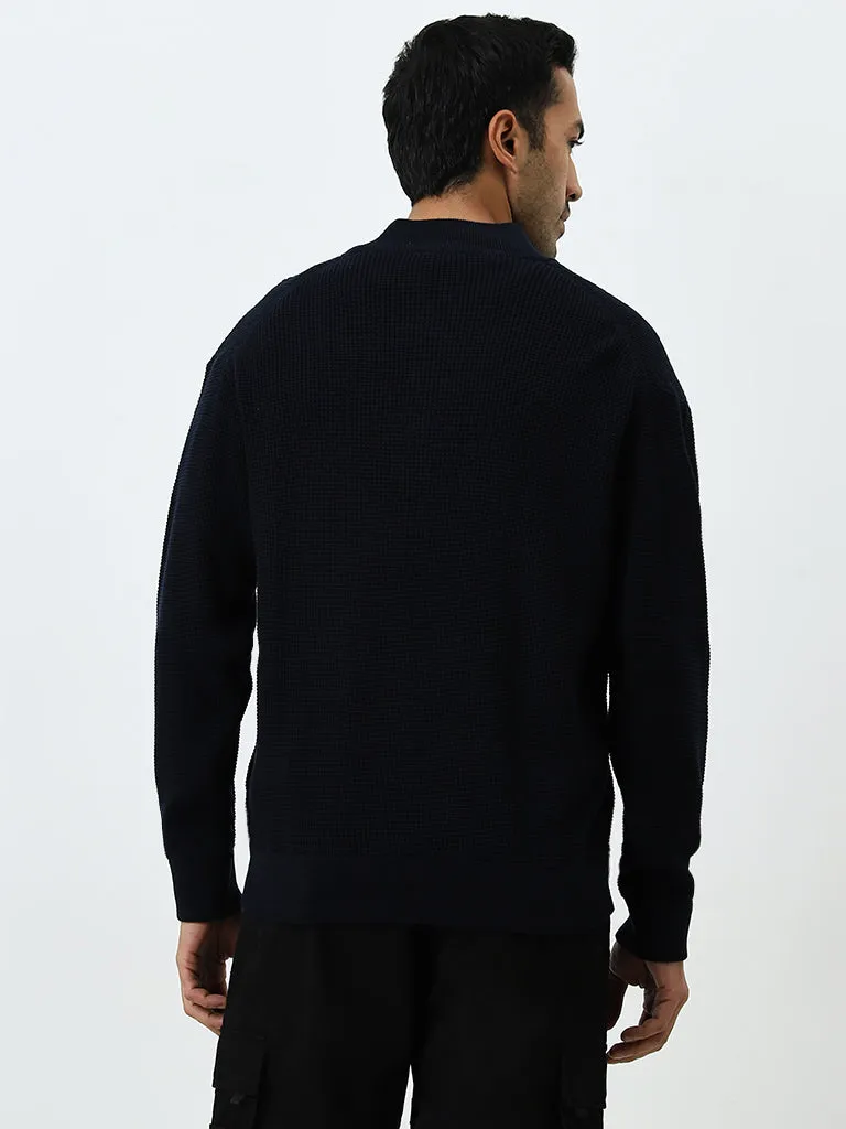 WES Casuals Navy Textured Relaxed-Fit Cotton Sweater