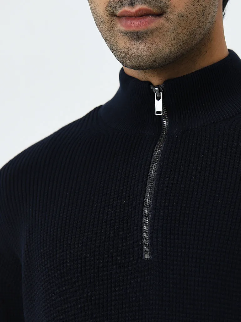 WES Casuals Navy Textured Relaxed-Fit Cotton Sweater