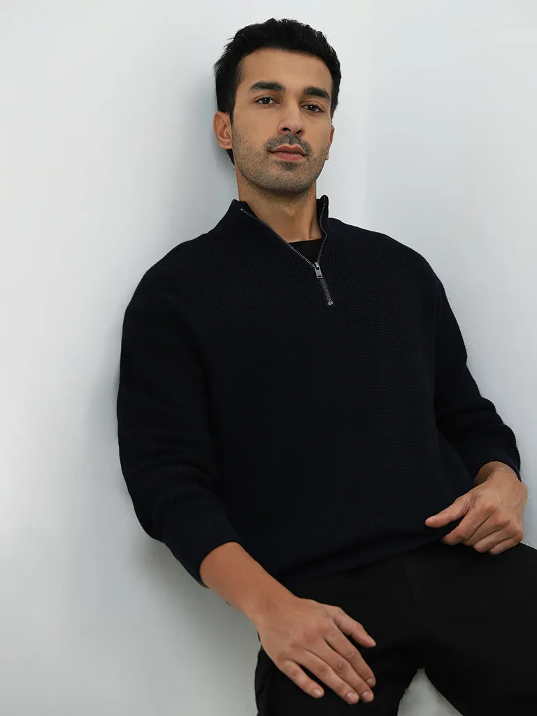 WES Casuals Navy Textured Relaxed-Fit Cotton Sweater