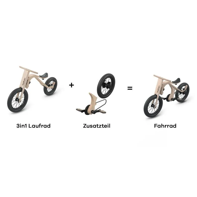 Wooden balance bike with add on pedals module, 3 bikes in1, from age 1-6 years